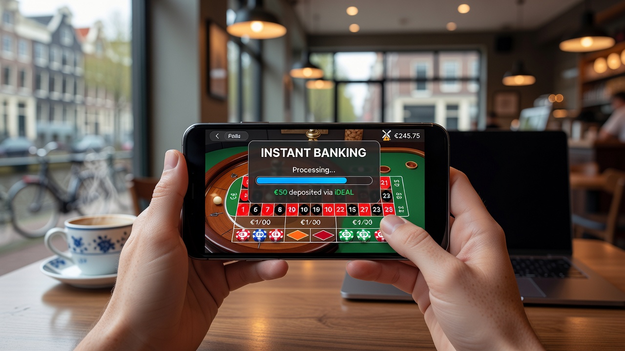 Mobiele live dealer tafel met directe iDEAL transactie op smartphone
