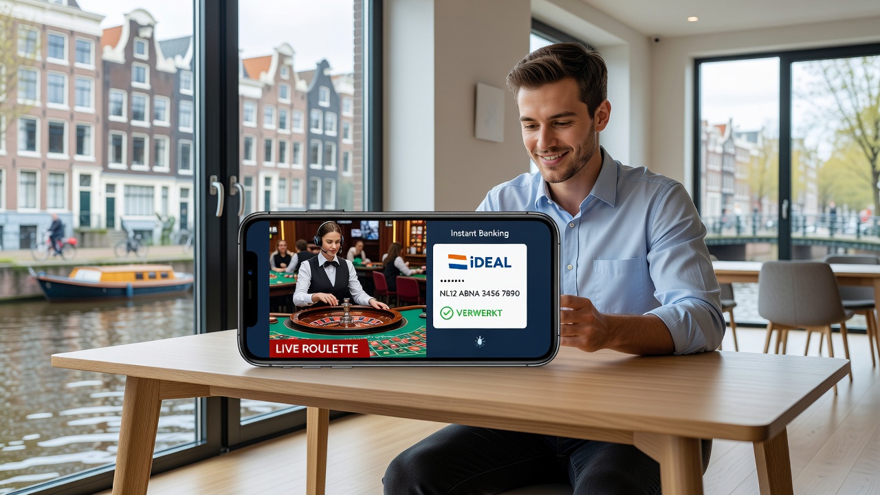 Smartphone scherm met live blackjack en bevestigde iDEAL betaling