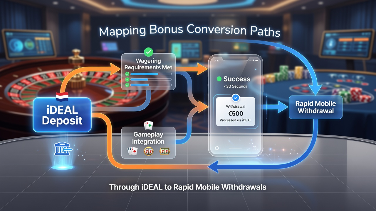 Mobiele app interface die iDEAL uitbetalingen toont na live casino bonus conversie