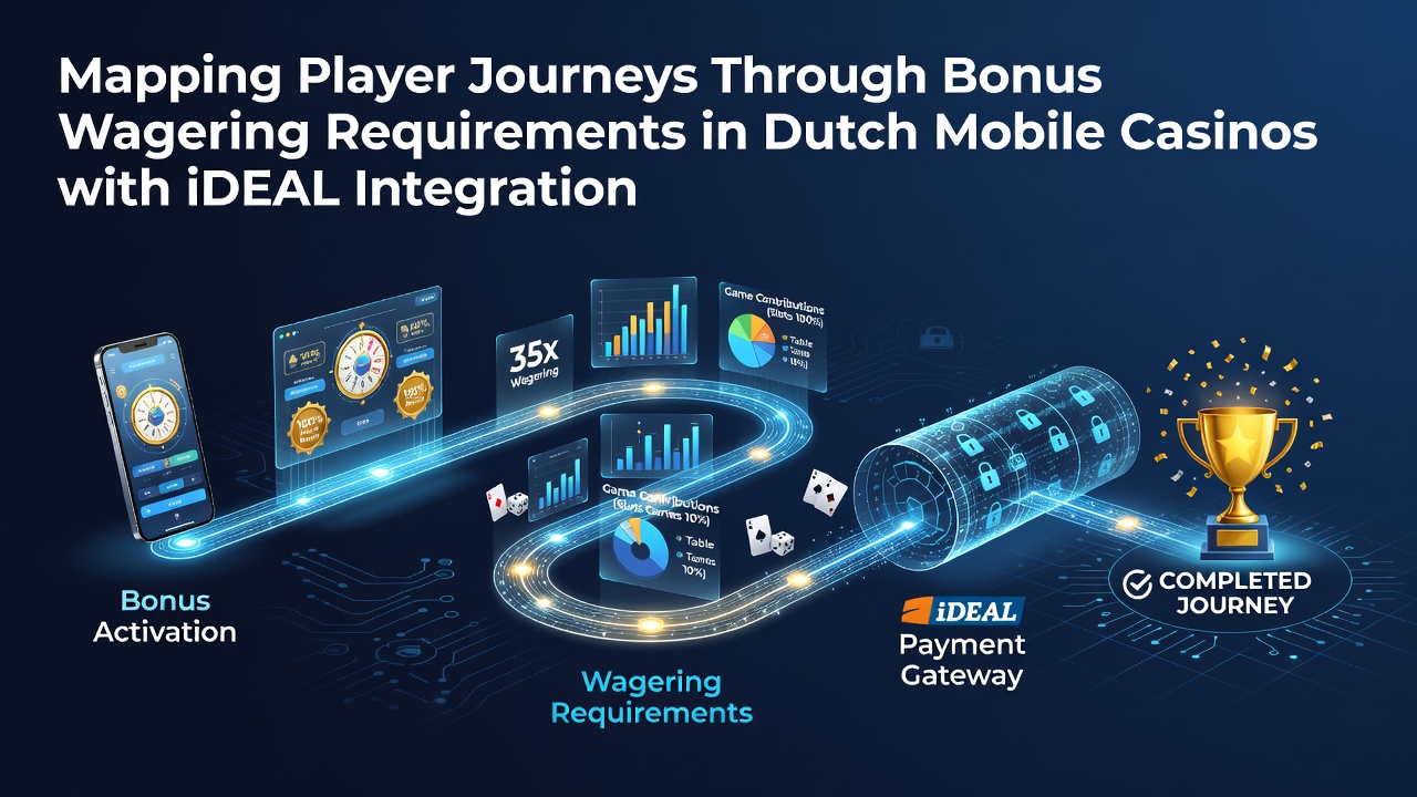 Infographic die de stappen in spelersreizen door bonusinzetvereisten illustreert in mobiele casino-omgevingen