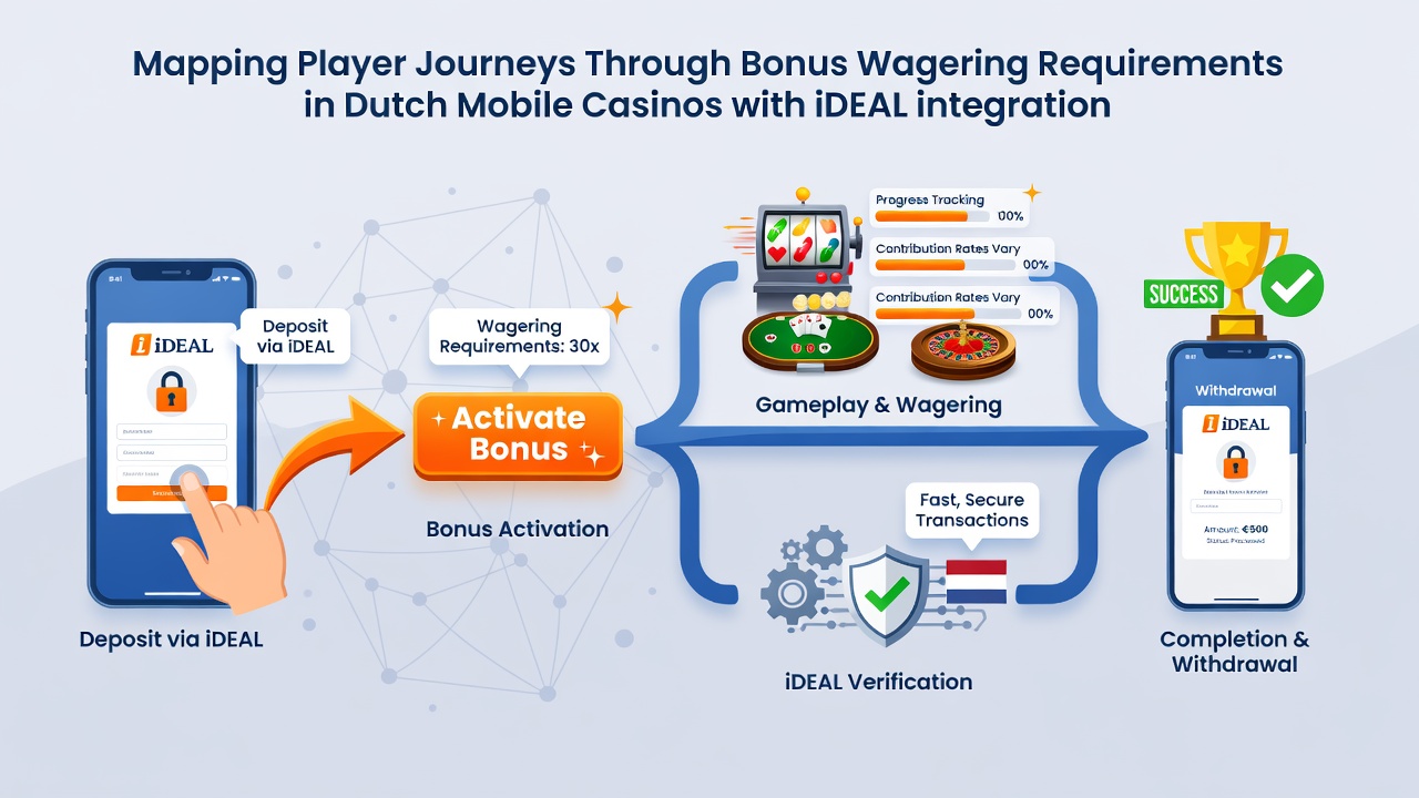 Diagram van een typisch spelerspad met iDEAL-betalingen en bonusinzetvereisten in Nederlandse casino-apps