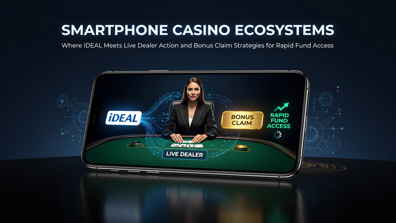 Smartphone casino interface met iDEAL betalingen en live dealer tafels in actie