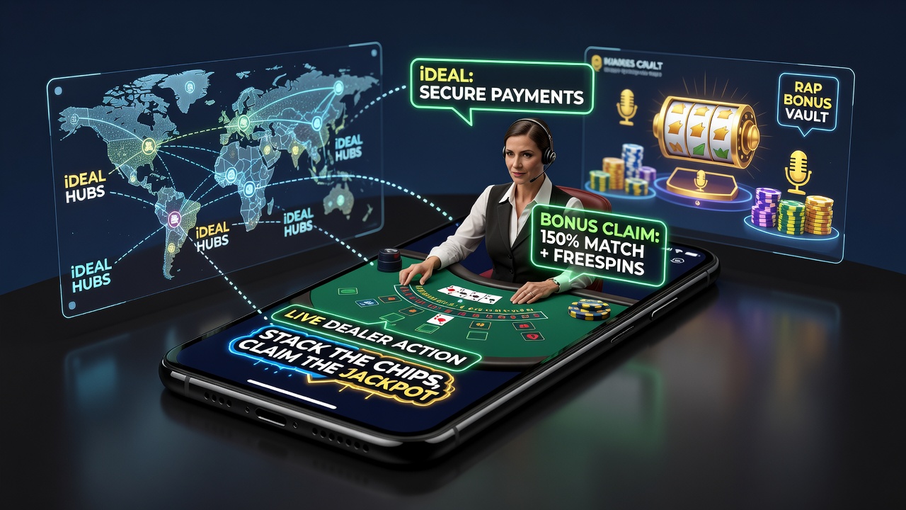 Gebruiker die een smartphone gebruikt voor live dealer blackjack met iDEAL betaling en bonus activatie